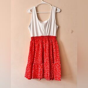 Red and White Sleeveless Slimming Floral Ruffle Dress . XXL